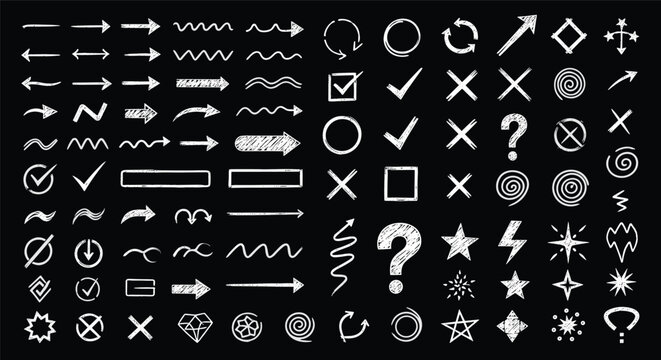 Large collection of hand drawn chalk symbols including arrows and checkmarks on a black background for design.