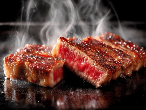 肉汁あふれるミディアムレアのステーキが湯気とともに焼き上がる迫力のグルメシーン