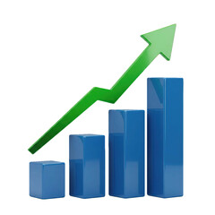 A vibrant three dimensional rendered bar chart features four shiny blue columns of steadily increasing height positioned against a clean white backgro