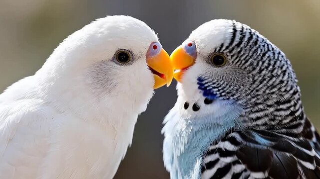 Two budgerigars close together