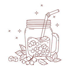 Outline Blackcurrant Drink with Ice Cubes, Berries in clear in mason jar. Seasonal Refreshing Cocktail with straw and Mint. Line drawing, coloring page. Vector Illustration
