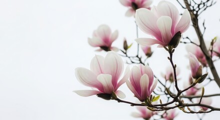 Fototapeta premium Pink magnolia flowers blooming on a tree branch against a bright sky. Spring blossom season for nature background and greeting card.