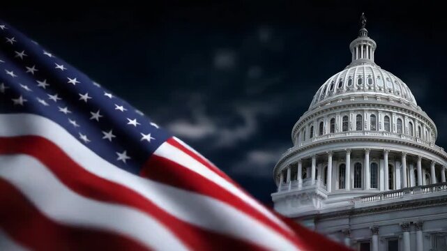 202Close-up of the Capitol dome with American flag superimposed in background, dramatic lighting emphasizing white marble and ornate details, democracy and national pride concept
