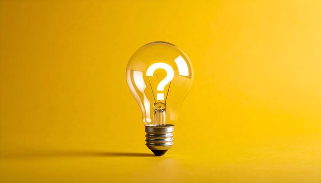 Lightbulb with question mark filament on solid yellow background. Conceptual idea or uncertainty