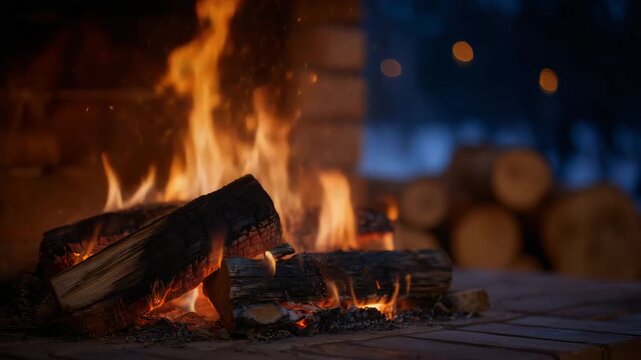 242Close-up of burning wooden logs with bright orange flames, glowing embers and flickering sparks, rustic fireplace ambiance, warm and cozy winter atmosphere