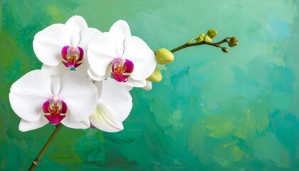 Pristine white orchid blossom with a pink center and bud, on a vibrant, textured green painted background