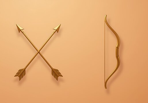 Golden crossed arrows and bow displayed against a neutral peach wall background for decorative or thematic use