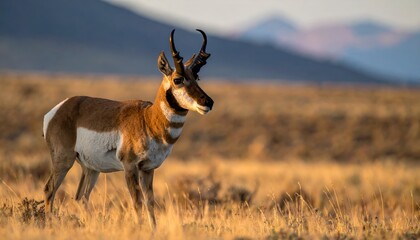 Pronghorn stands in golden grass with mountains afar, sunset hues