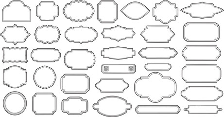 Obraz premium Vector set of vintage blank frames and labels with thin gray borders, various shapes for text or design elements, isolated on white