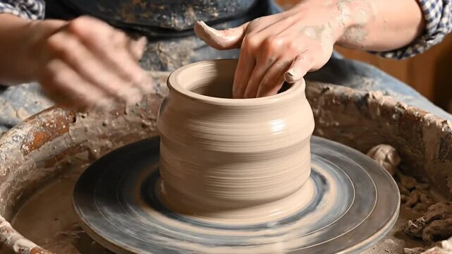 Potter shaping a clay pot on a spinning pottery wheel with skilled hands