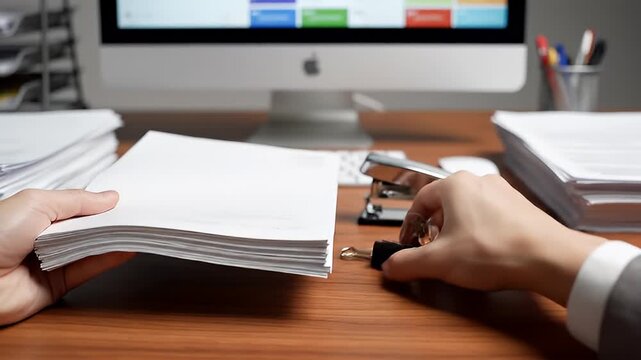 Office desk workflow with documents stapler and computer in action.