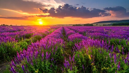 Purple flowers bloom under a vibrant sunset. Hilly background and clouds frame the scenic vista