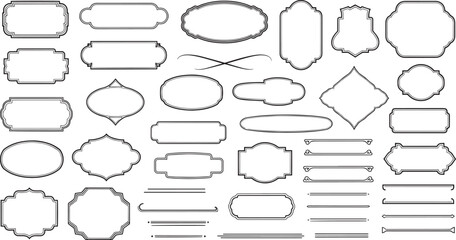 Obraz premium Vector vintage frames and labels set, black outline borders, decorative retro badges, elegant design elements isolated on white