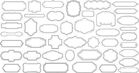 Fototapeta premium Vector set of vintage blank frames and labels with thin gray borders, various shapes for text, isolated on white