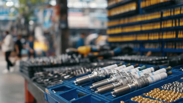 295Cinematic top-down view of automotive accessories, spark plugs, hoses, screws, and small engine components neatly displayed, blurred garage tools in background