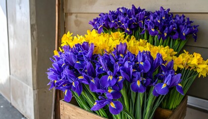 Purple irises and yellow daffodils bunched in a crate, vibrant spring blossoms against a textured wall backdrop