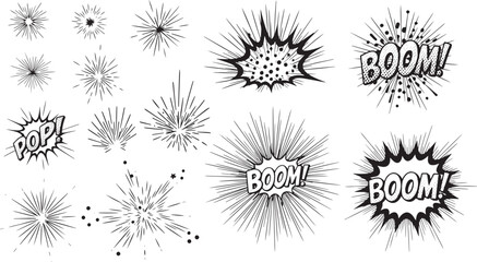 Obraz premium Vector comic explosion burst elements set. Black and white pop art style boom, bang, pop, burst, and starburst effects, isolated on white