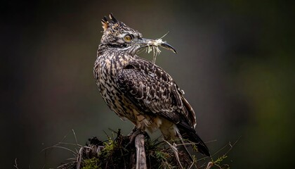 Fototapeta premium Majestic brown-patterned owl perched, holding soft white feathers against a blurred natural background, staring fiercely ahead
