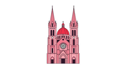 Obraz premium A vibrant pink illustration depicts a detailed cathedral facade showcasing ornate architecture and a striking silhouette high quality professional modern elegant stylish