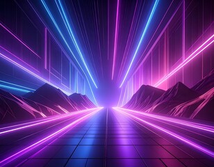 Radiant blue and pink light streams along a tiled grid floor into a mountainous vista