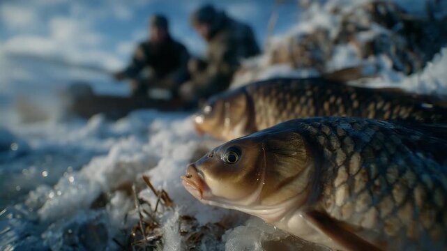 Cinematic side-angle of carp resting on frozen lake, anglers visible in background drilling ice, cold mist rising, texture of ice and fish scales emphasized