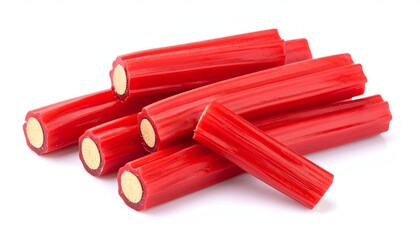 Pile of red candy sticks, light filling visible on ends. White background with some soft shadows