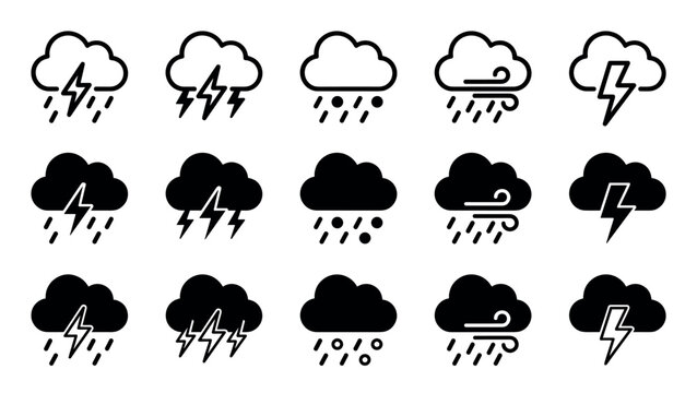 Set of black weather icons showing thunderstorms, rain, wind, and lightning in various styles including line art and solid glyphs for a meteorological forecast interface