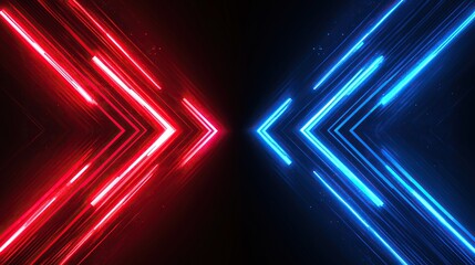 Fototapeta premium Red and blue glowing arrow lines on a dark background, a technology concept for a business or sports competition background