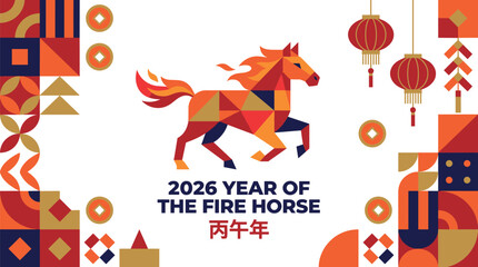 Stylized Fire Horse illustration for the 2026 Chinese New Year celebration, featuring festive lanterns, lucky coins, and modern geometric oriental patterns
