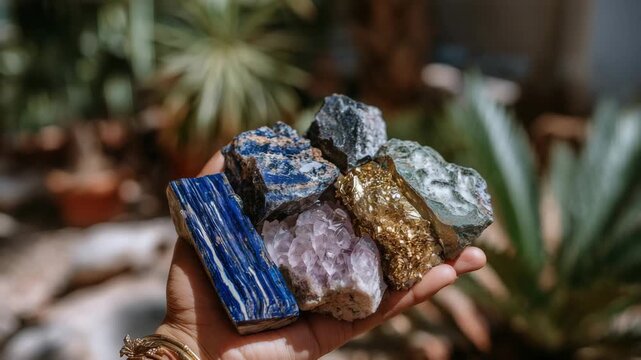 Close-up of a hand holding assorted colorful mineral rocks, vivid crystalline textures visible, natural sunlight highlighting geological details, symbolizing raw materials and eart
