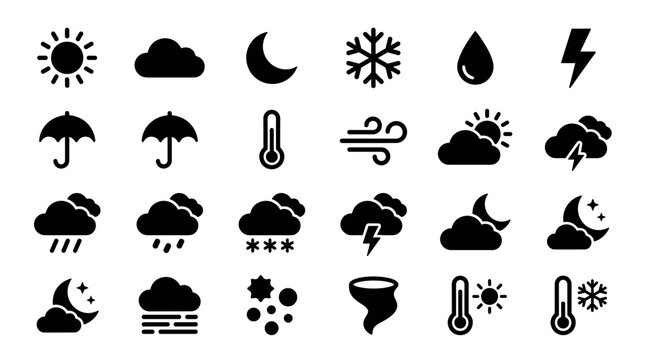 Set of twenty-four black weather condition symbols representing sun, cloud, rain, snow, wind, and temperature in a clean, minimalist glyph style for user interface design