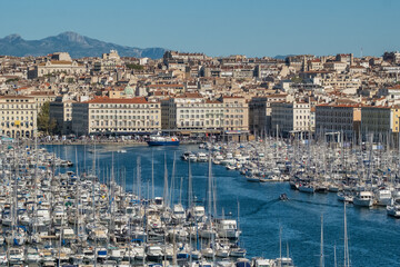 Panoramic view of the Vieux Port and city skyline in Marseille