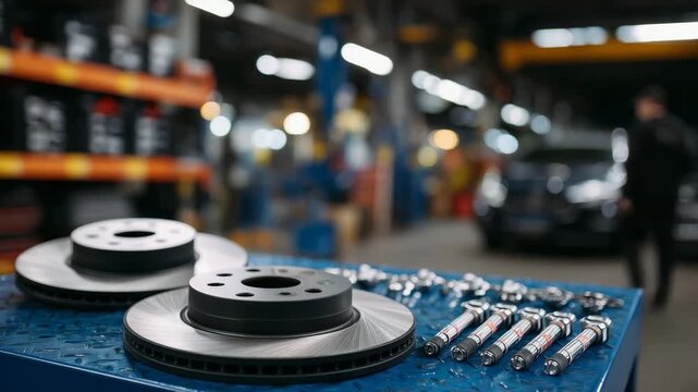 Close-up of assorted automotive parts on a workshop table, brake discs, spark plugs, shock absorbers, and wrenches arranged neatly, soft ambient industrial lighting highlighting te