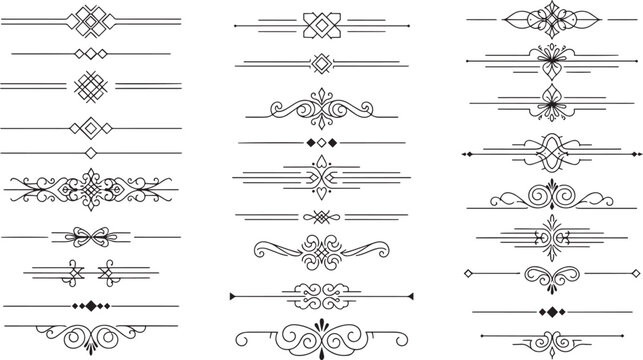 Vector set of black ornate text dividers, calligraphic page separators, vintage scroll elements, decorative flourishes isolated on white