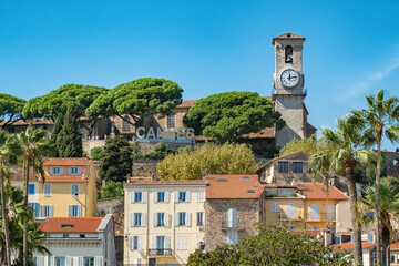 Cannes Sign and Church Clock Tower at Le Suquet Hill