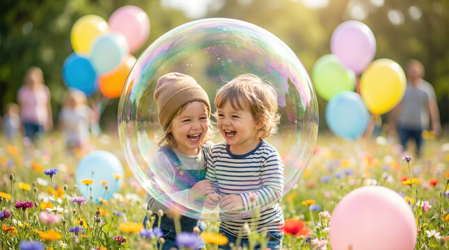 Joyful children laugh together inside iridescent soap bubble in wildflower meadow with balloons. Magical childhood moment happiness, friendship and carefree play during outdoor party celebration.