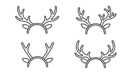 Obraz premium Four black line art reindeer antler headbands with small ears are shown in a simple, minimalist icon set for Christmas holiday costume parties and festive celebrations