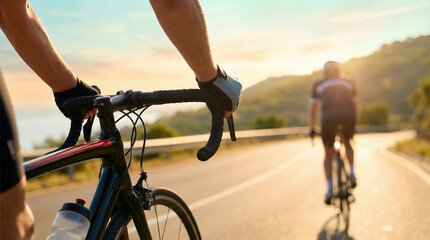 Naklejka premium Cyclists ride road bikes on scenic mountain highway during golden hour. Athletic companions enjoy outdoor cycling sport and fitness activity on paved route with landscape backdrop at sunrise.