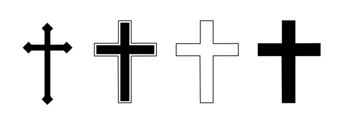 Christian Cross Icon Set in Filled and Outline Styles, Religious Symbol Collection in Black and White for App, Web and Graphic Design