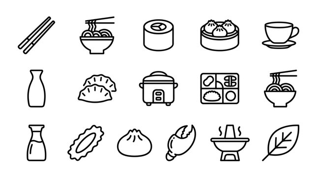 Collection of Asian food line icons featuring ramen, sushi, dim sum, and dumplings in a minimalist black and white vector style, perfect for restaurant menus or culinary graphics
