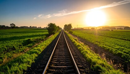 Railroad tracks stretch into the golden sunset, bordered by green fields under a vast blue and hazy sky