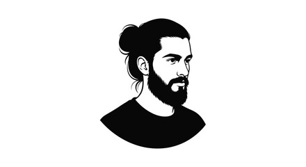A striking black and white portrait depicts a man with a beard and topknot hairstyle silhouette high quality professional detailed modern elegant © CreativeAlim02