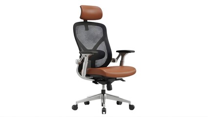 Fototapeta premium A modern office chair with brown leather and a mesh back on transparent background