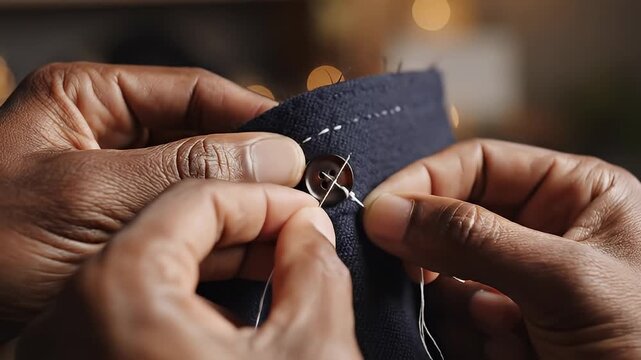 Close Up Sewing Button On Fabric Video Sequence.