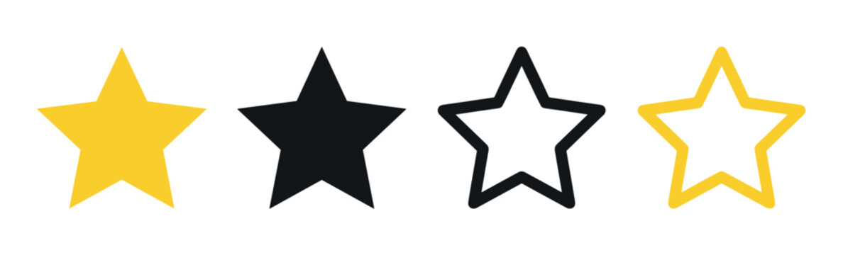 Set of four different star icons for rating systems, featuring yellow and black solid shapes and outlined versions for user interface design and customer feedback