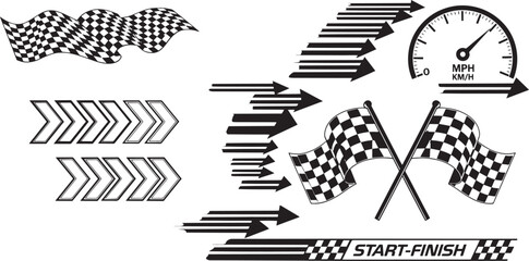 Naklejka premium Racing checkered flags, speedometer, start finish line, and speed arrows vector set, isolated on white