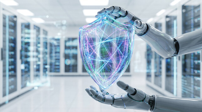 Robotic arms holding digital shield hologram in server room datacenter. Cybersecurity protection, ai technology, and data security. Network defense, encryption, and safety innovation .