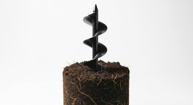 Black auger drill bit in soil, closeup, studio shot