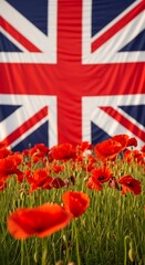 Poppies in Bloom Under the Union Jack Flag.