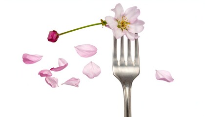 Pink cherry blossom on fork, petals scattered, isolated on white background for a minimalist, delicate aesthetic